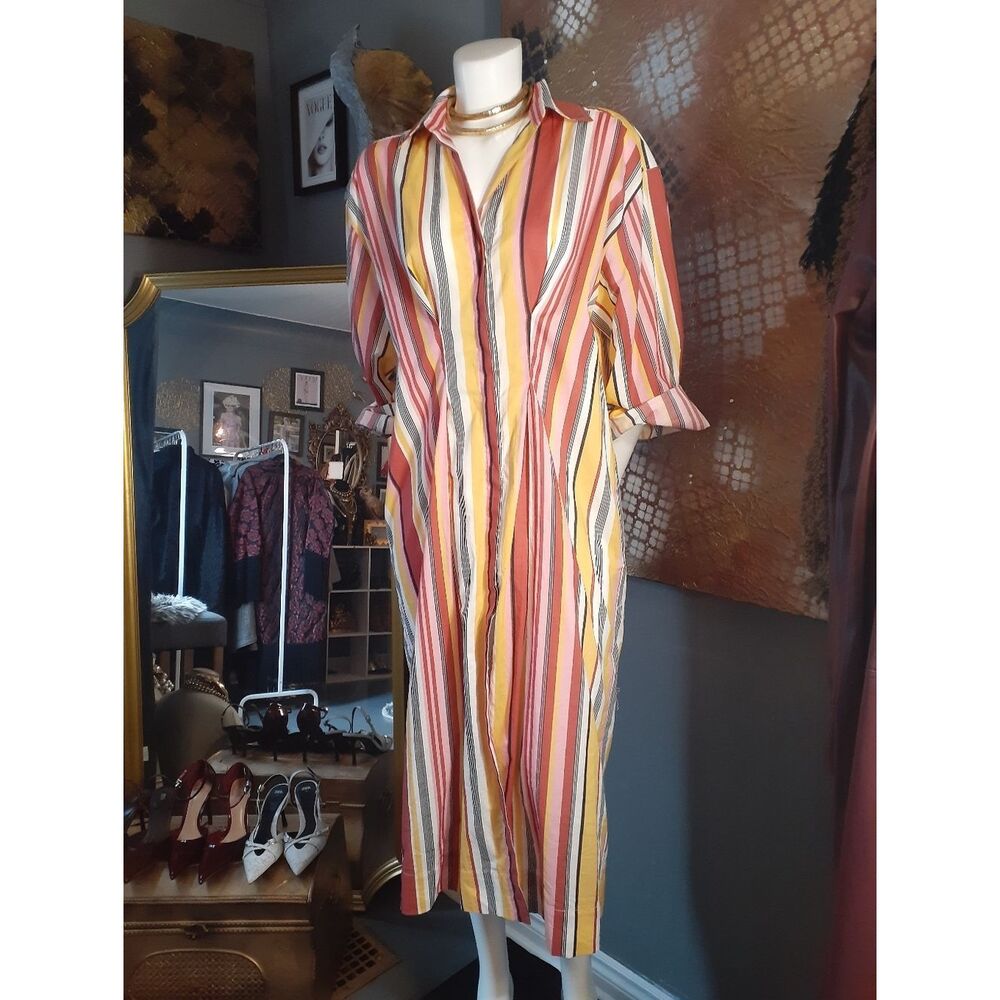 Zara 100% Cotton Striped Button-Front Maxi Shirt Dress in Warm Tones - Picture 13 of 16